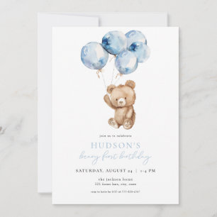 Blue Boy Beary First Birthday-inbjudan Inbjudningar