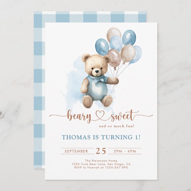 Blue Boy Beary Sweet 1st Birthday Play Nalle Inbjudningar (Fram/baksida)