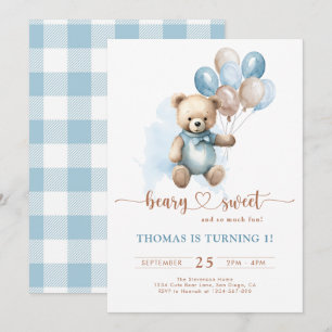 Blue Boy Beary Sweet 1st Birthday Play Nalle Inbjudningar
