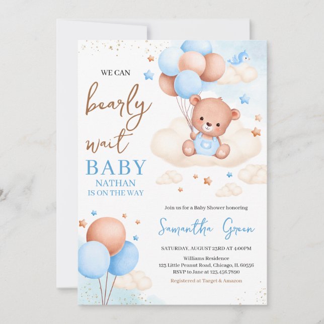 Blue Boy Boho Bear Baby Shower Inbjudningar (Framsida)