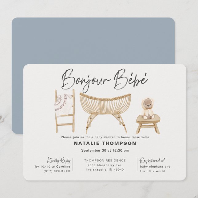 Blue Boy Bonjour Bebe Baby Shower Inbjudningar (Fram/baksida)