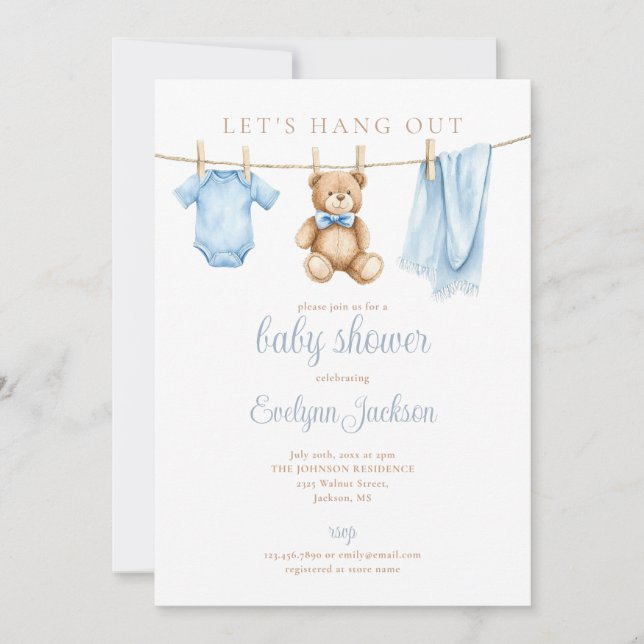 Blue Boy Clothesline Baby Shower All In One Inbjudningar (Framsida)