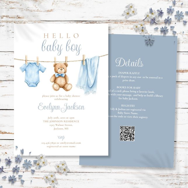 Blue Boy Clothesline Baby Shower allt i ett Inbjudningar (Blue Boy Clothesline Baby Shower All In One Invitation)