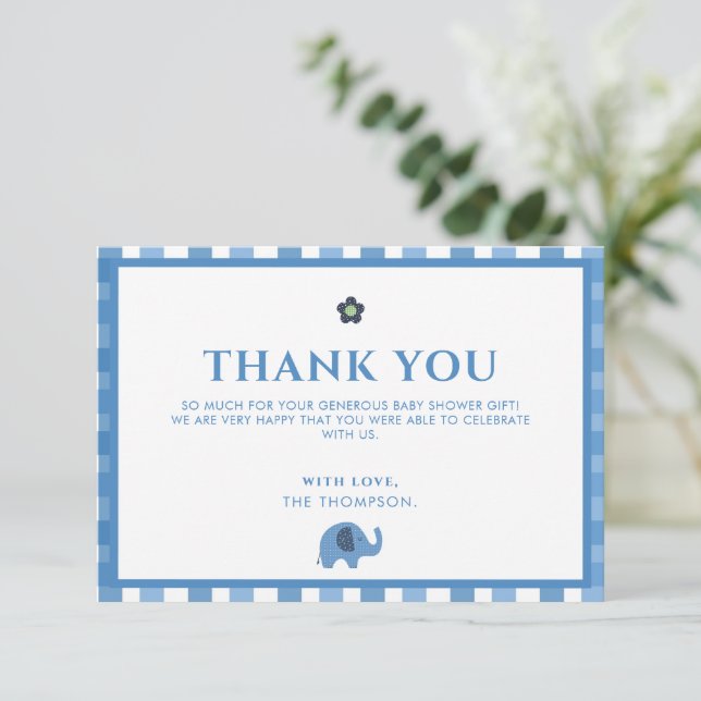 Blue Boy Cute Elephant Tack Baby Shower Kort (Stående Fram)