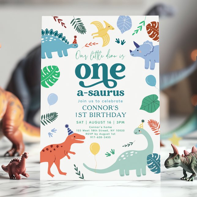 Blue Boy Dinosaur Boho 1:a födelsedagen Inbjudningar (Skapare uppladdad)