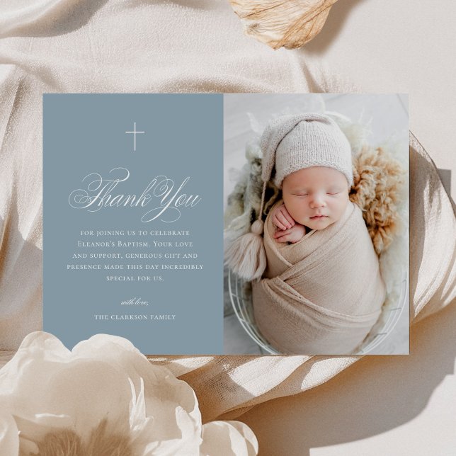 Blue Boy Elegant Kor Calligraphy Photo Baptism Tack Kort (Skapare uppladdad)