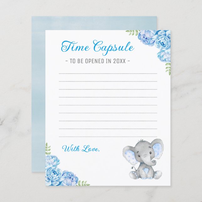 Blue Boy Elephant Baby Shower Time Capsule Cards (Fram/baksida)