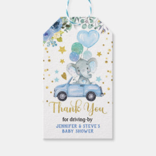 Blue Boy Elephant Drive by Baby Shower Parad Presentetikett
