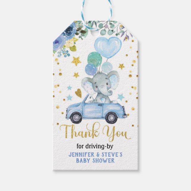 Blue Boy Elephant Drive by Baby Shower Parad Presentetikett (Framsidan)