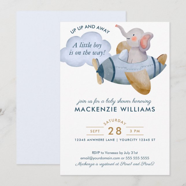 Blue Boy Elephant Flygplan Watercolor Baby Shower Inbjudningar (Fram/baksida)