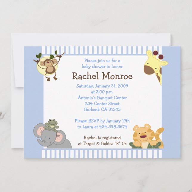 Blue Boy Jungle Safari Friends 5x7 Baby Shower Inbjudningar (Framsida)