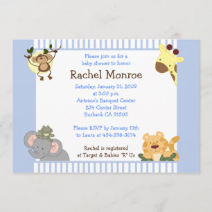 Blue Boy Jungle Safari Friends 5x7 Baby Shower Inbjudningar