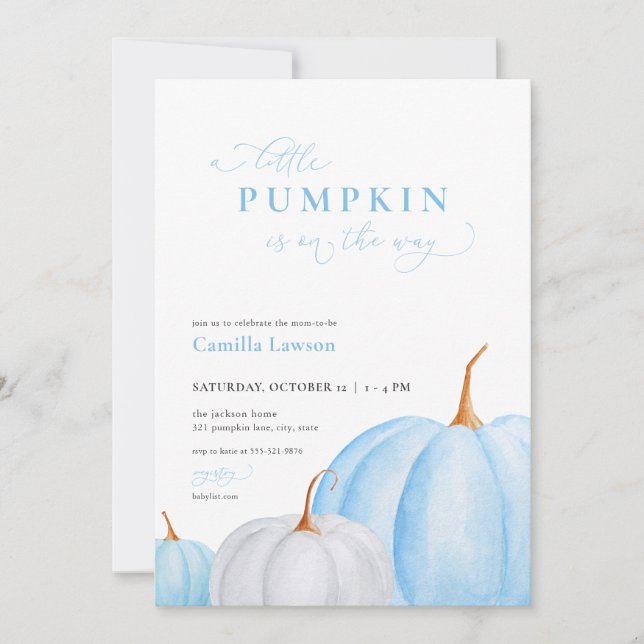 Blue Boy Little Pumpkin Baby Shower-inbjudan Inbjudningar (Framsida)