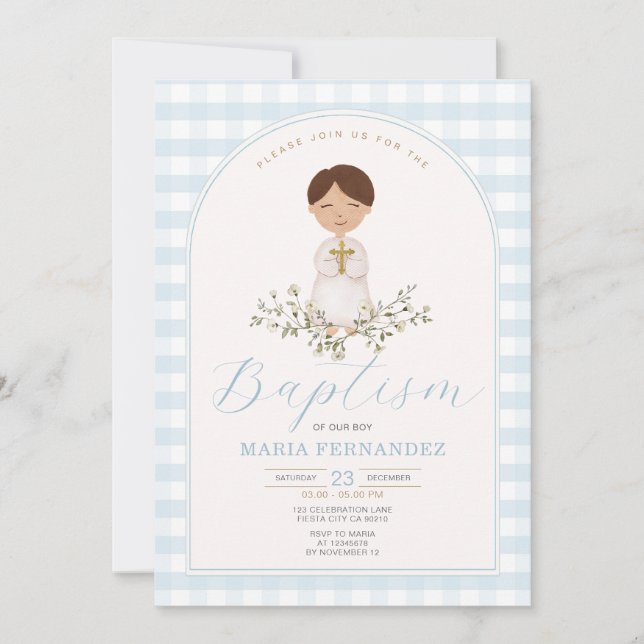 Blue Boy Modern Greenery Baptism Gingham Inbjudningar (Framsida)