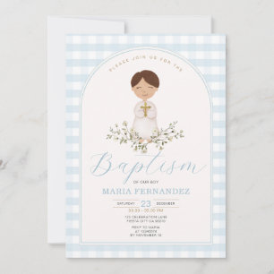 Blue Boy Modern Greenery Baptism Gingham Inbjudningar
