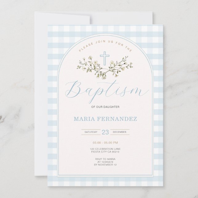 Blue Boy Modern Wildblommor Christening Gingham Inbjudningar (Framsida)