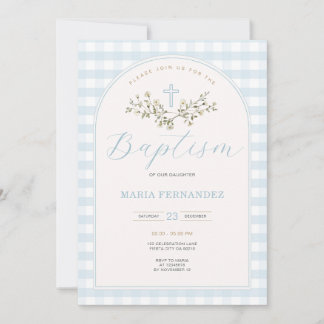 Blue Boy Modern Wildblommor Christening Gingham Inbjudningar