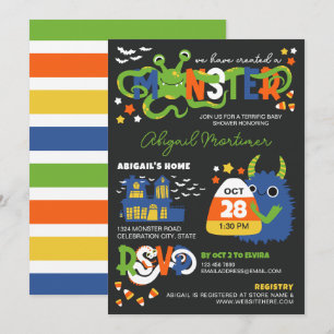 Blue Boy Monster Typography Halloween Baby Shower Inbjudningar