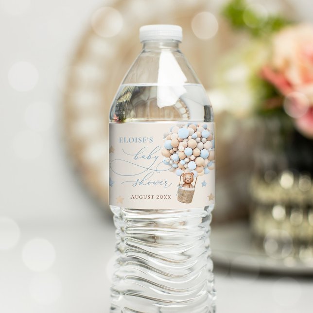 Blue Boy Nalle Balloon Baby Shower Vattenflaskor Etikett (Skapare uppladdad)