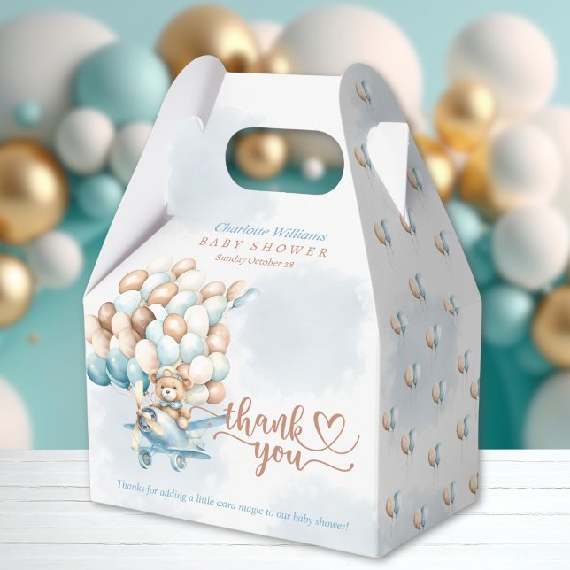 Blue Boy Nalle Balloons Presentaskar (We can bearly wait baby shower favor box, bear gift, cute teddy bear, we can bearly wait invite,)