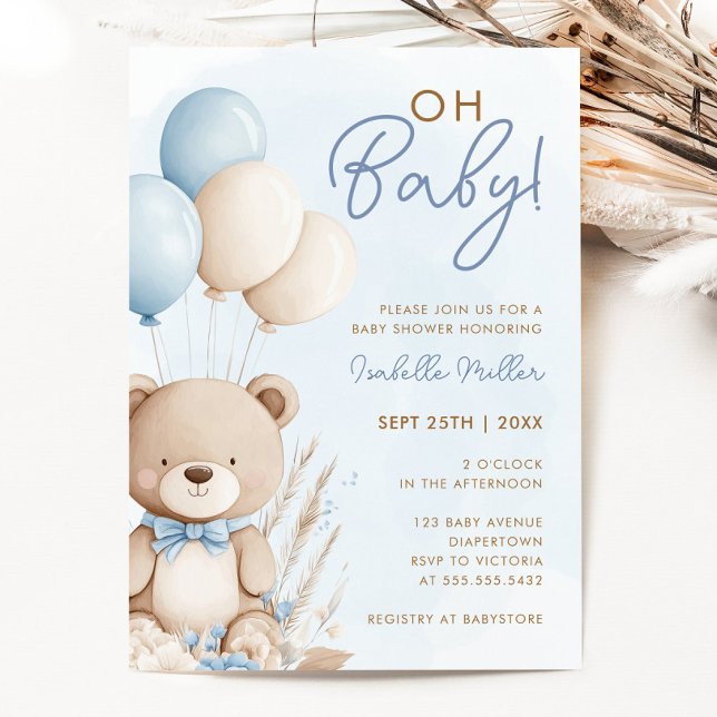Blue Boy Nalle Boho Baby Shower Inbjudningar (Blue Boy Teddy Bear Boho Baby Shower Invitation)