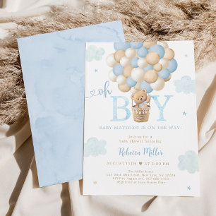 Blue Boy Nalle Luftballong Baby Shower Inbjudningar