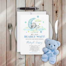 Blue Boy Nalle på Måne Watercolor Baby Shower