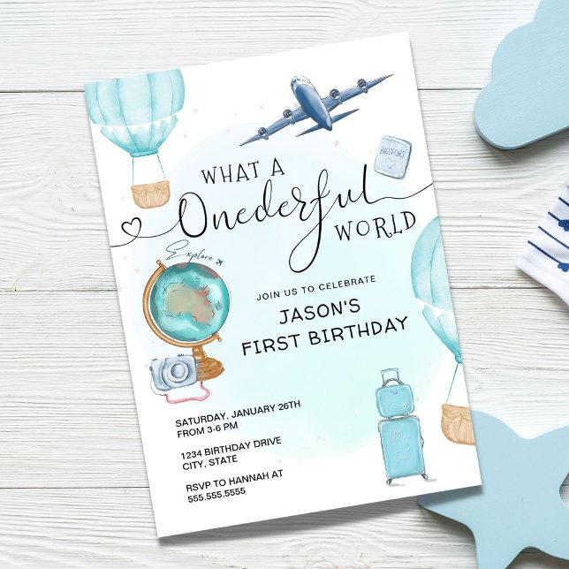 Blue Boy ONEGreat World First Birthday Inbjudningar (Skapare uppladdad)