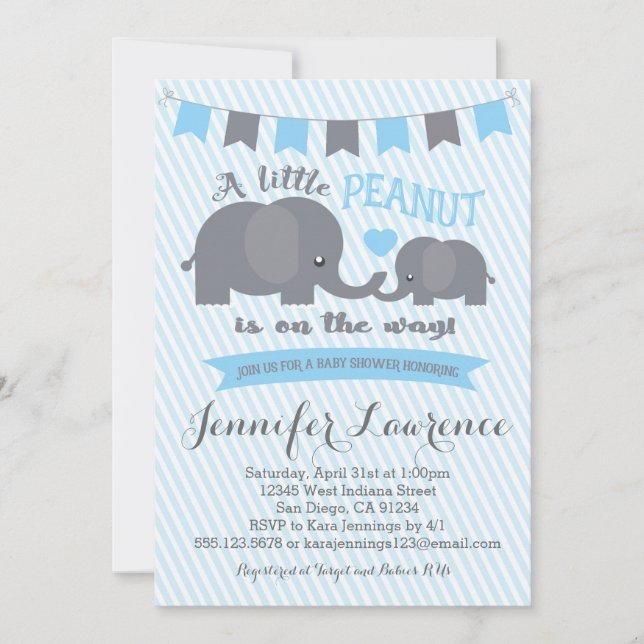 Blue Boy Peanut Elephant Baby Shower-inbjudan Inbjudningar (Framsida)