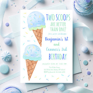 Blue Boy Two Scoops Ice Cream Joint Birthday Inbjudningar