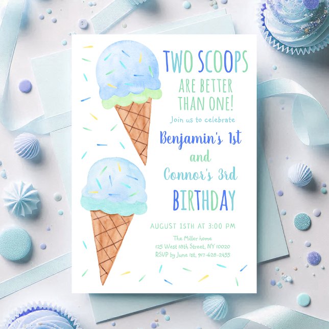 Blue Boy Two Scoops Ice Cream Joint Birthday Inbjudningar (Skapare uppladdad)