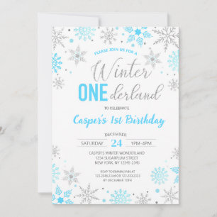 Blue Boy Winter Onederland Snowflake 1st Birthday Inbjudningar