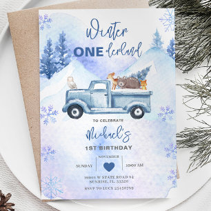 Blue Boy Woodland Winter Lastbil Onederland Birthd Inbjudningar