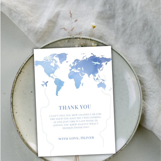 Blue Boy World Map Travel Äventyr Baby Shower Tack Kort (Blue Boy World Map Travel Adventure Baby Shower Thank You Card)