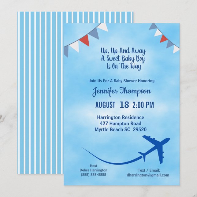Blue Boy's Airplan Baby Shower-inbjudan Inbjudningar (Fram/baksida)