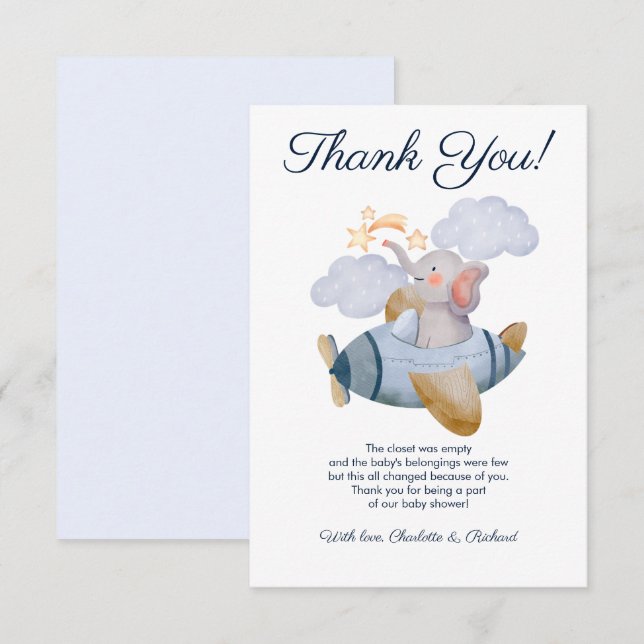 Blue Boy's Elephant Flygplan Baby Shower Tack Kort (Fram/baksida)