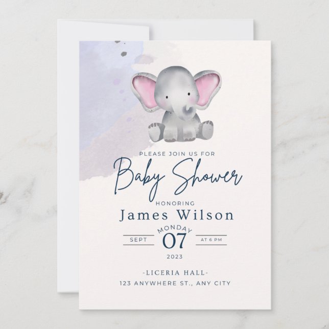 Blue Boy's Elephant Watercolor Baby Shower Inbjudningar (Framsida)