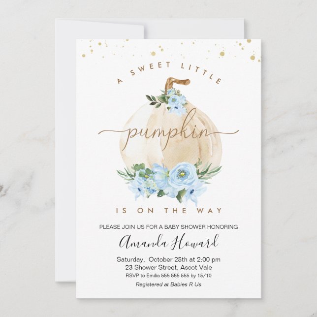 Blue Boys Little Pumpkin Blommigt Baby Shower Inbjudningar (Framsida)