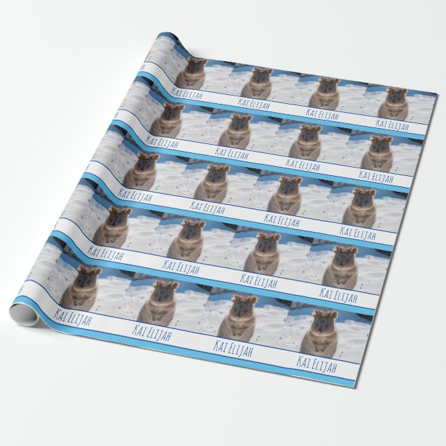 Blue Boys Personlig Quokka på stranden Presentpapper (Utrullad)