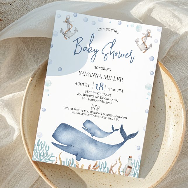 Blue Boys Whale Calf Baby Shower Inbjudningar (Whale Baby Shower Invitation Boy, Whale Calf Baby Shower Invite, Ocean Under the Sea Baby Shower)