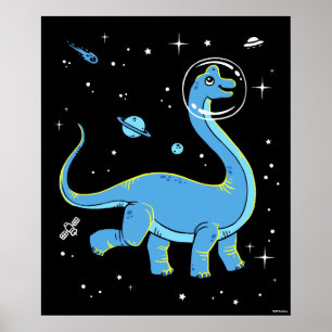 Blue Brachiosaurus Dinos in Space Poster