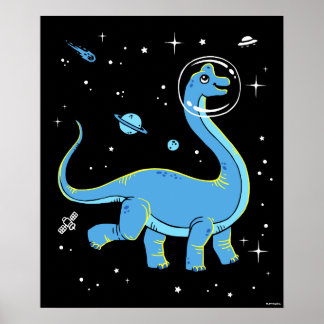 Blue Brachiosaurus Dinos in Space Poster