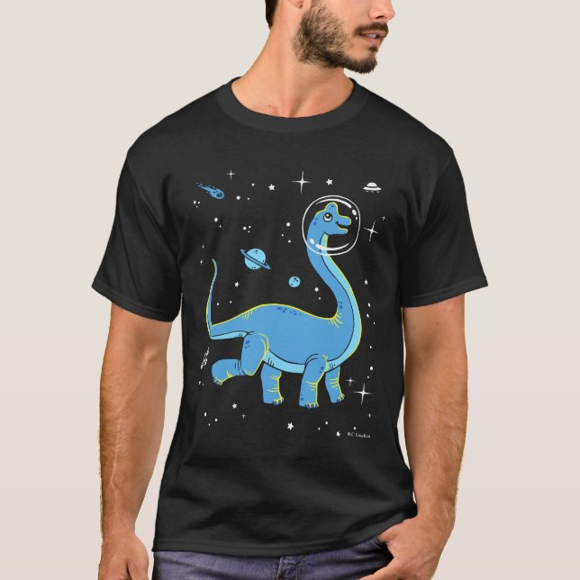 Blue Brachiosaurus Dinos in Space T Shirt (Framsida)