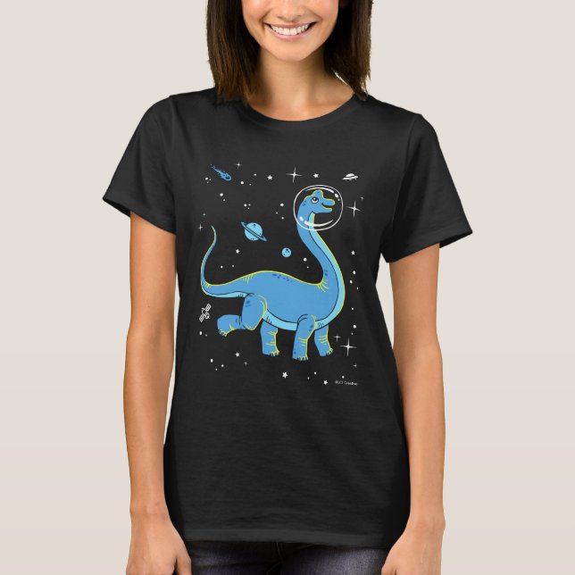 Blue Brachiosaurus Dinos in Space T Shirt (Framsida)