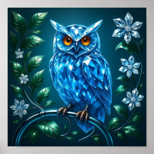 Blue Brilliant Owl on Brass Branch Poster (Framsidan)