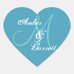 Blue Bröllop Damask Monogram Valfri initial V06 Hjärtformat Klistermärke