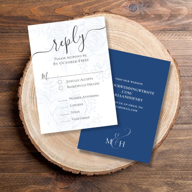Blue Bröllop OSA Meal Choal QR-kod (Classic RSVP vertical style card with elegant blue floral design and monogram back.)