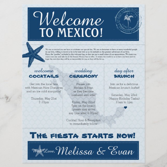 Blue Bröllop Starfish Välkommen Brev Cancun Mexiko (Framsida)