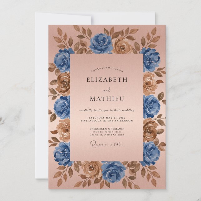 Blue Bronze Floral Romantic Wedding Inbjudningar (Framsida)