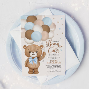 Blue Brown Beary Cute Nalle Boy Shower Inbjudningar